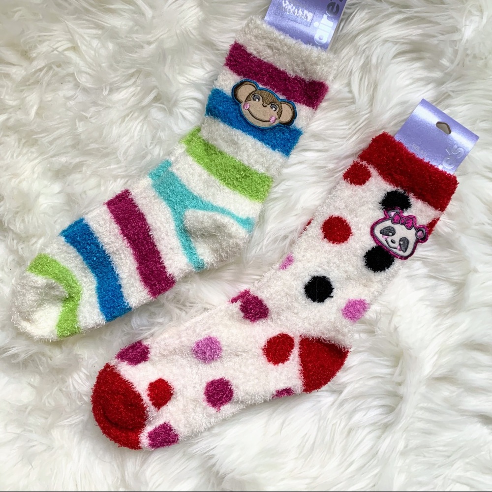 NWT 2 Pairs Girl’s Fuzzy Cozy Fleece Socks Panda Monkey Holiday Stocking Gifts